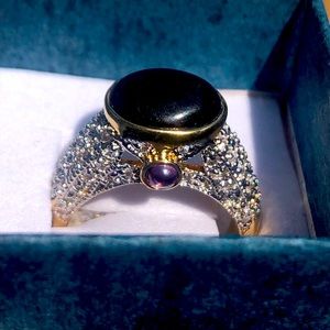 C22:  unique KIAM ring cabochon grey cats eye and amethyst - pave crystals sz 8